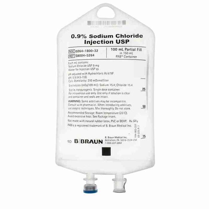 0.9% Sodium Chloride, Partial Fill, 100ml/150ml Bag, Pab