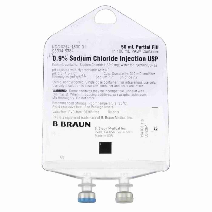 0.9% Sodium Chloride, Partial Fill, 100ml/150ml Bag, Pab