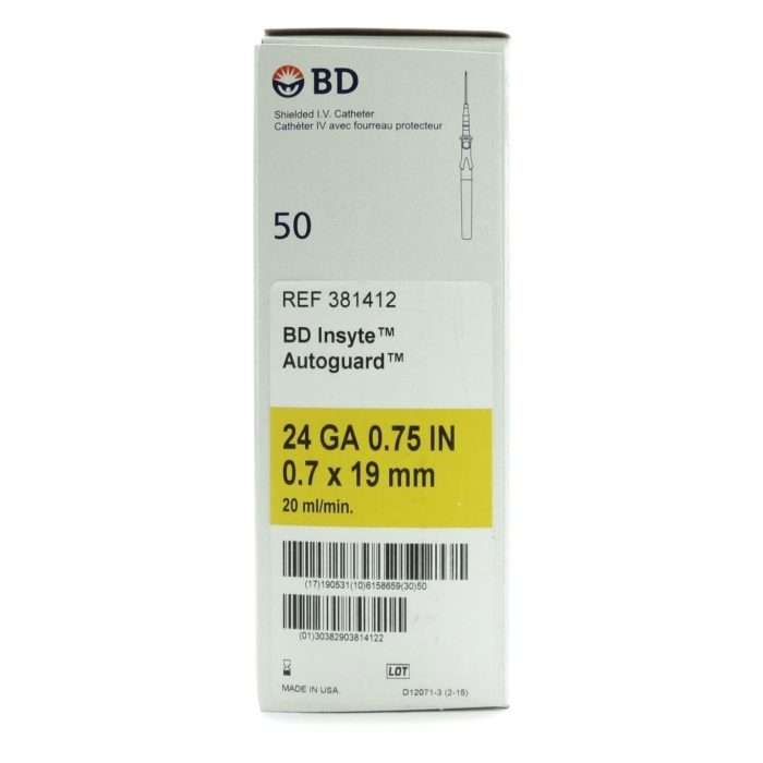 Catheter, Iv, 24g X 3/4″, Sterile, Bd Insyte™, Bd Autoguard™, Bd Vialon™, 50/box