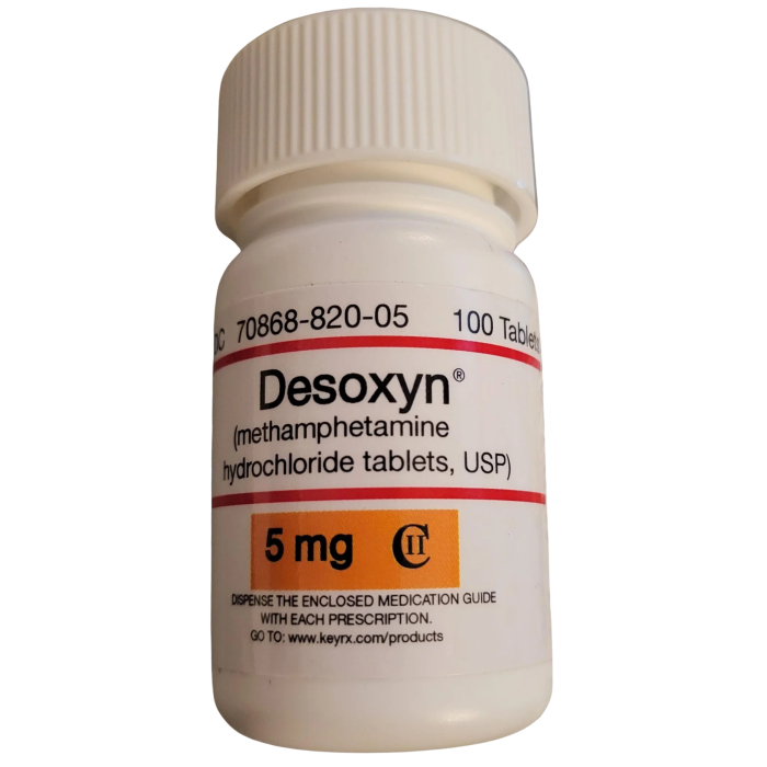 Desoxyn (methamphetamine HCl — rarely prescribed, controlled)