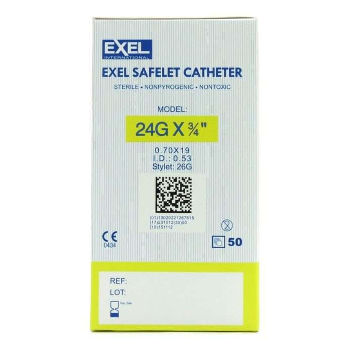 Catheter, Iv, 24g X 3×4″, Yellow, Teflon, Sterile, Safelet®, 50/box