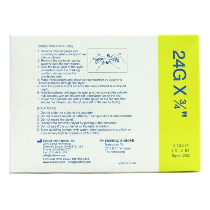 Catheter, Iv, 24g X 3×4″, Yellow, Teflon, Sterile, Safelet®, 50/box