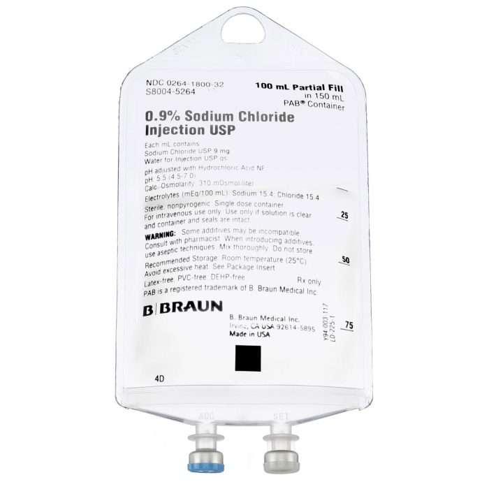 0.9% Sodium Chloride, Partial Fill, 100ml/150ml Bag, Pab